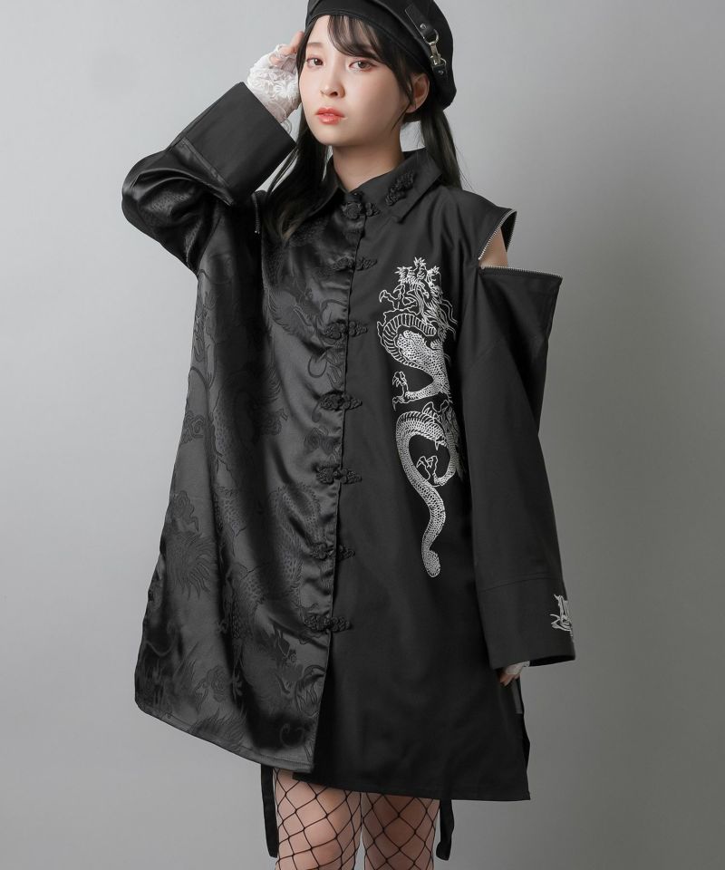セール】Over size band coller satin shirt / オーバーサイズ