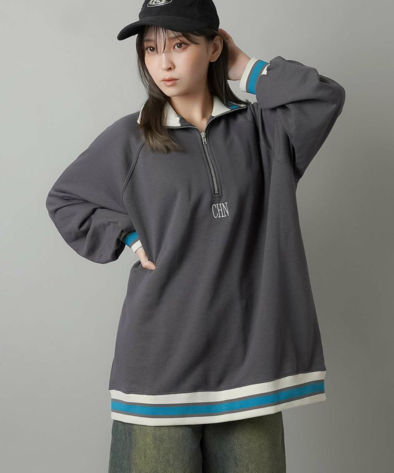 78%OFF】ラインが可愛い♪ハーフジップオーバーサイズスウェット