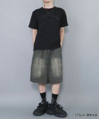 12%OFF】ヴィンテージ加工バギーデニムハーフパンツ/クロス/膝下ロング