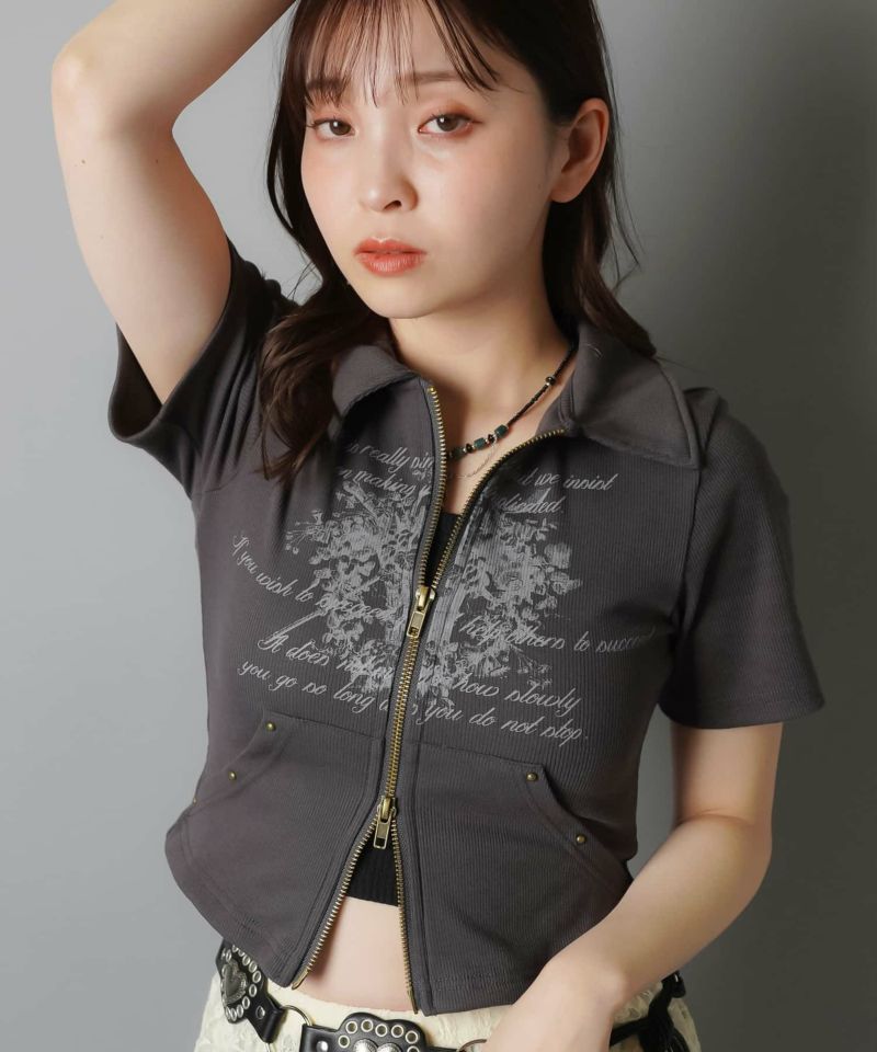 72%OFF】襟つき半袖ジップカットソー/フラワーアート | SPINNS