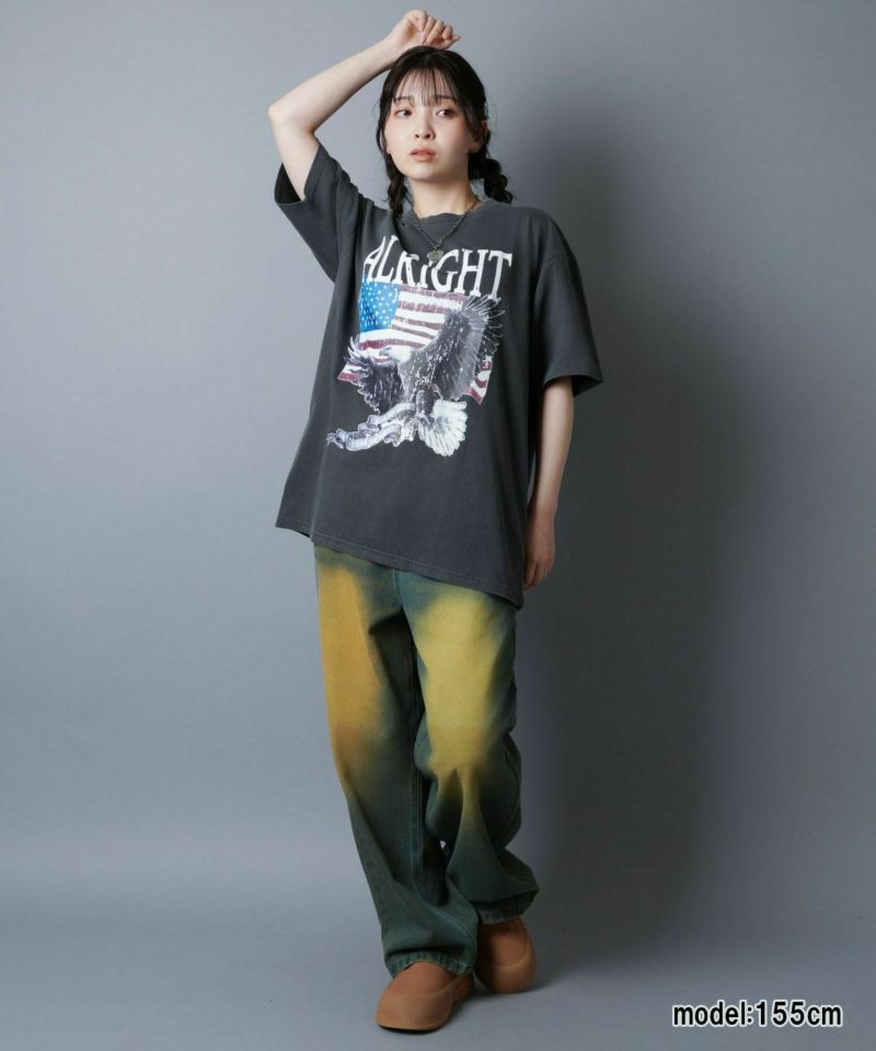 ヴィンテージライクピグメントTシャツ/レトロイーグルプリント