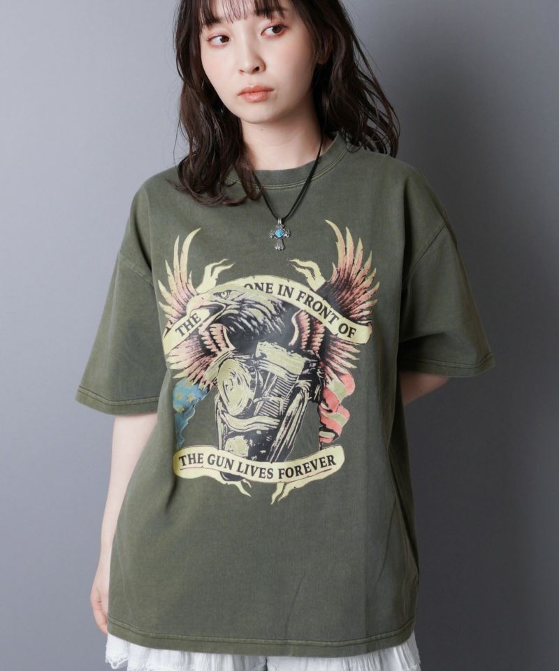 ヴィンテージライクピグメントTシャツ/レトロモータープリント ヴィンテージライクピグメントTシャツ/レトロモータープリント