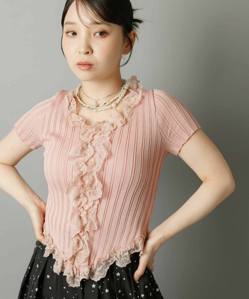 50%OFF】リブレース半袖カットソー/フリル/#NEO森ガール