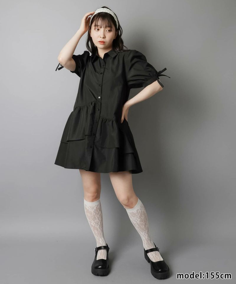26%OFF】半袖ミニシャツワンピース/フリルティアードリボン