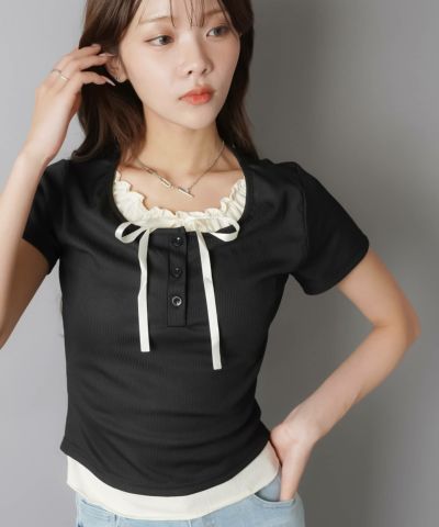 tシャツ サイドシャーリングリボン レイヤード風レース切替カットソー レディース 1805280_23939159_k3.jpg