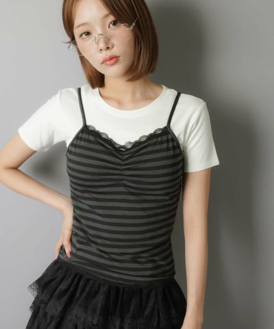 SeaRoomLynm ニットキャミソール ボーダー 肩紐 パット付き ブルー SeaRoomLynm ニットキャミソール ボーダー 肩紐 パット付き