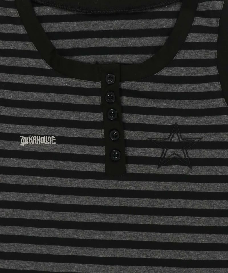 34%OFF】フロントボタンボーダータンクトップ/タイつき/細