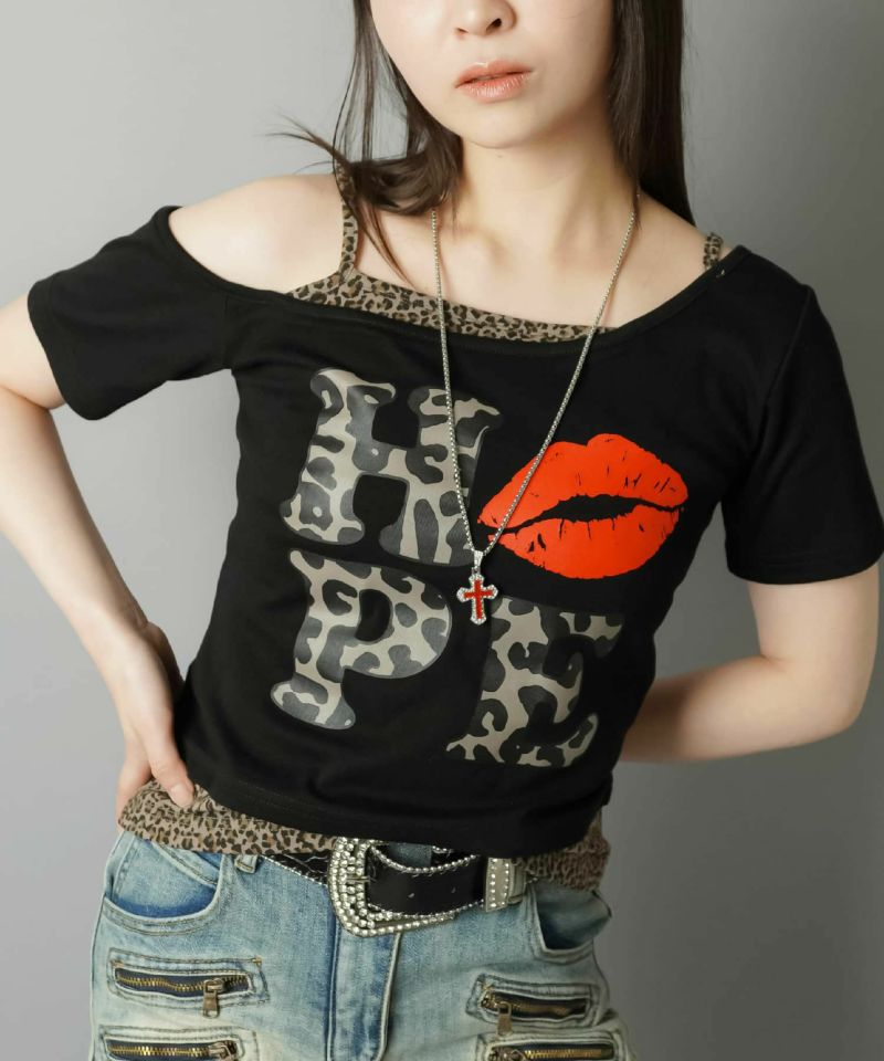 34%OFF】平成ギャルTシャツ/キャミソールレイヤード風/ヒョウ柄