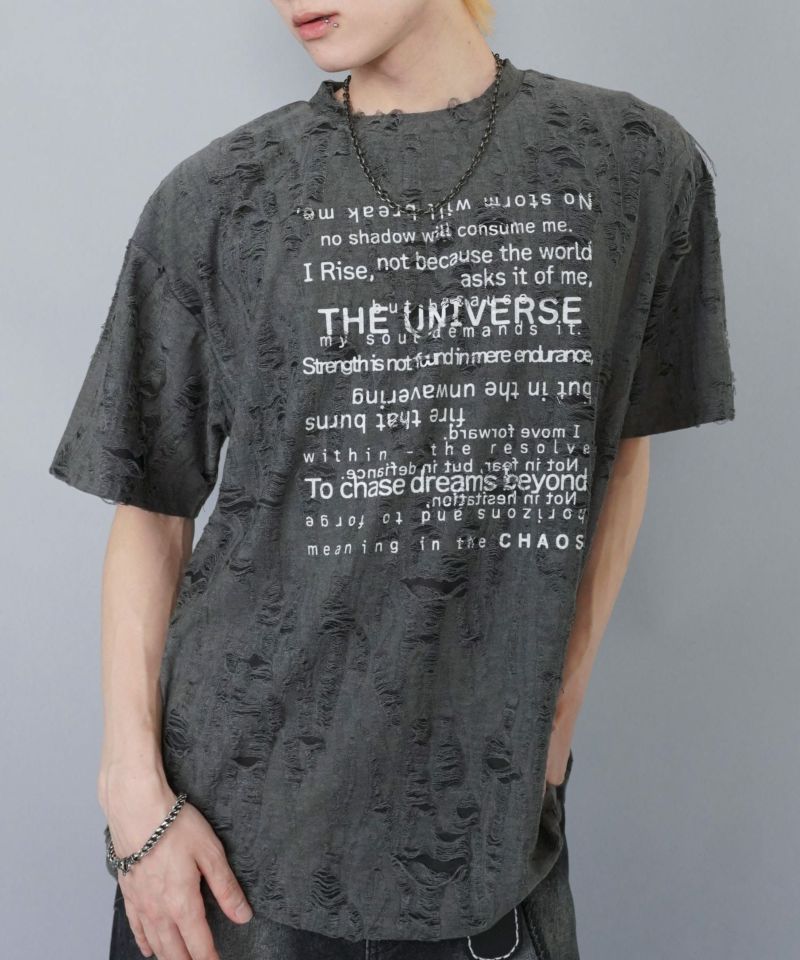 ダメージ加工 シャツ トップス ロゴ プリント 破れ チェーン付き グランジダメージTシャツカットソー/メッセージロゴ | SPINNS