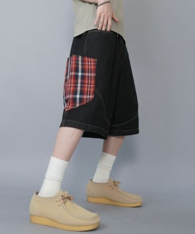 【21%OFF】デニムハーフパンツ/切り替えチェック/カーブハーフパンツ