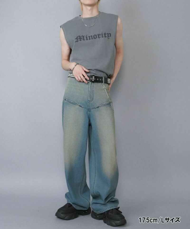 ヴィンテージ加工デニムバギーパンツ/シームポケット/デニムワイド