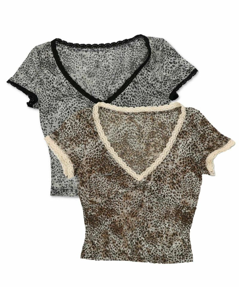 54%OFF】半袖シアーカットソー/ヒョウ柄レース/レオパード