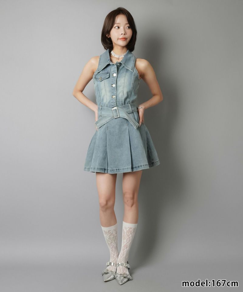 デニムノースリーブミニワンピース デニムノースリーブミニワンピース/ウエストベルト | SPINNS WEB