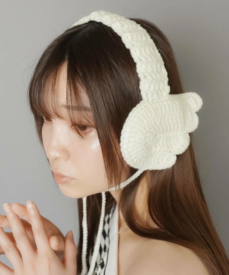 ホワイトファーイヤーマフ ビジュー付き 未使用 ニットイヤーマフ/イヤマフ/羽根/ウイング/#ウィッシュコア