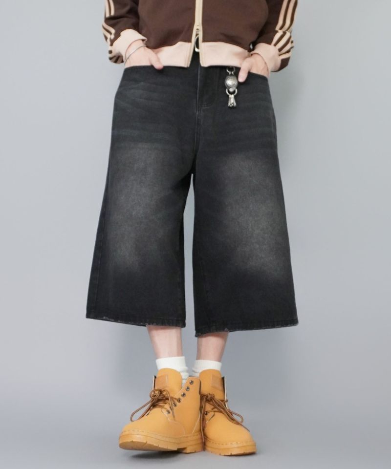 ヴィンテージ加工バギーデニムジョーツ/ハーフデニム/リング付き