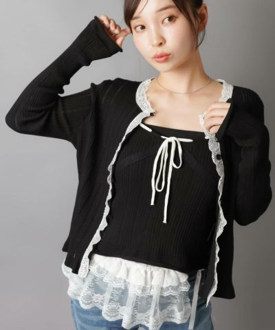 75%OFF】長袖カーディガン+キャミソールセット/レースアップリボン