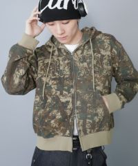 短丈ダブルジップパーカー/パッチワークロゴ/リアルツリー/ショート丈