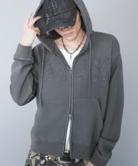 短丈ダブルジップパーカー/パッチワークロゴ/リアルツリー/ショート丈