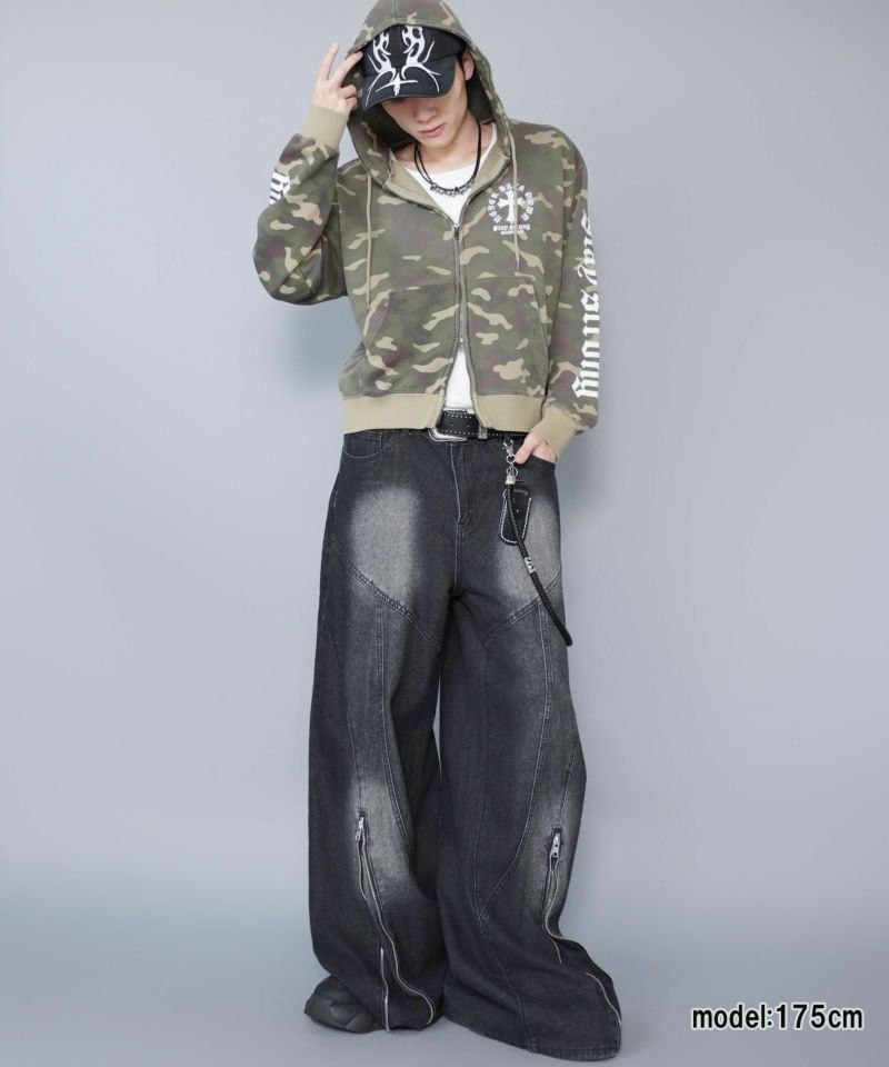 短丈ダブルジップパーカー/クロスロゴ/カモフラージュ/ショート丈