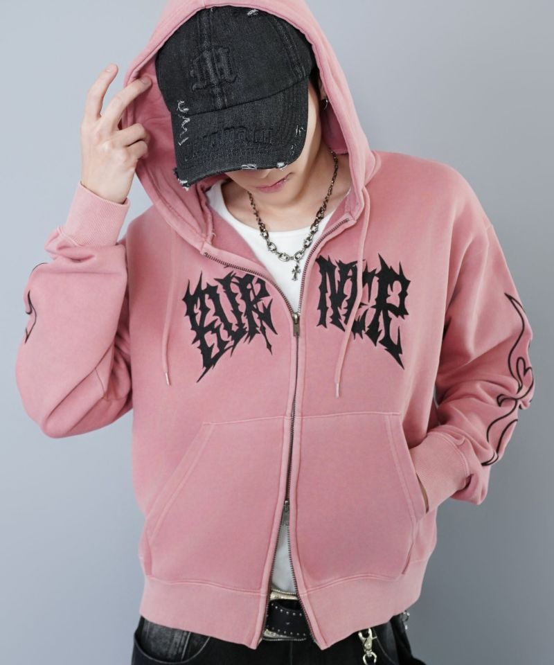 短丈ダブルジップパーカー/グランジ/刺繍袖ロゴ/ショート丈 | SPINNS