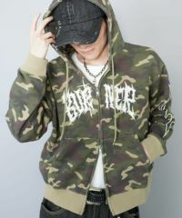 短丈ダブルジップパーカー/グランジ/刺繍袖ロゴ/ショート丈 | SPINNS