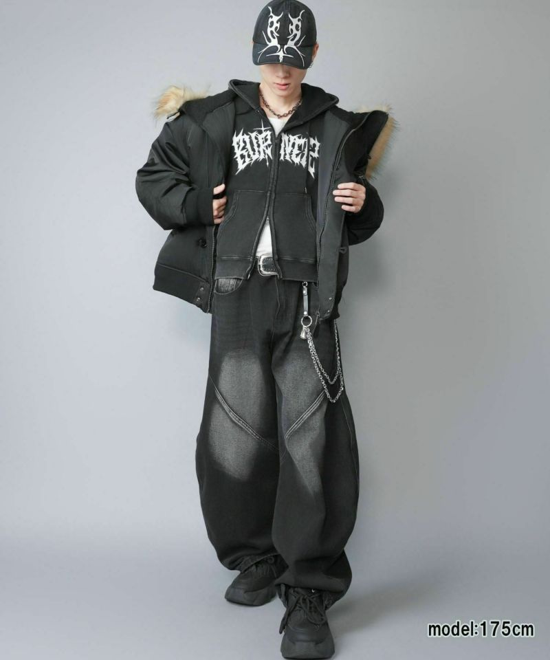 短丈ダブルジップパーカー/グランジ/刺繍袖ロゴ/ショート丈 | SPINNS