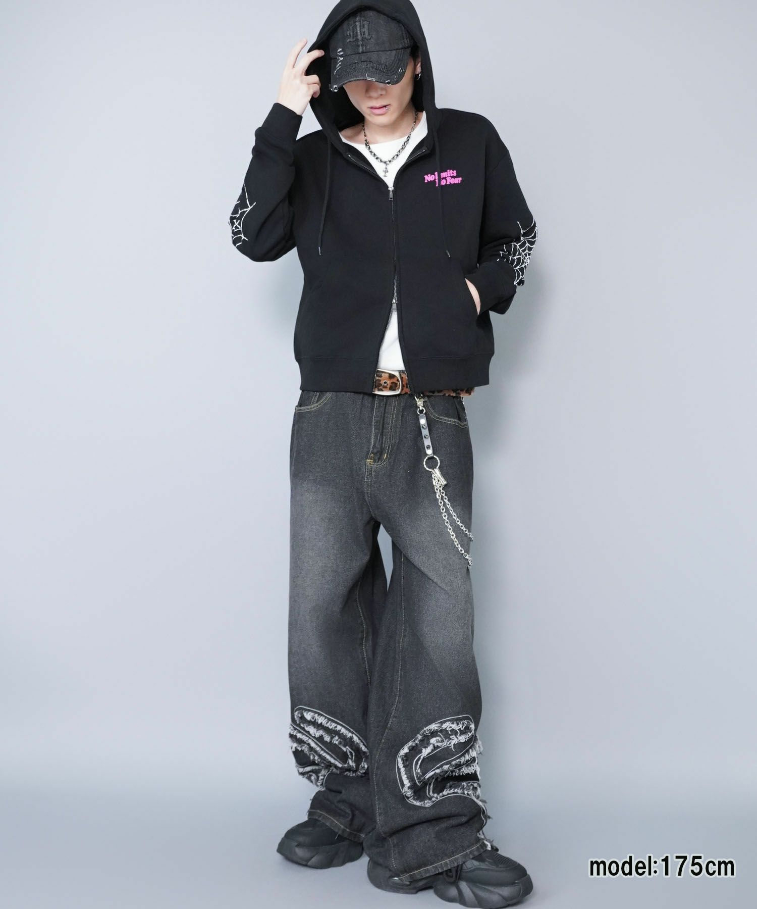 短丈ダブルジップパーカー/ストーンロゴ/バックプリント/スパイダー