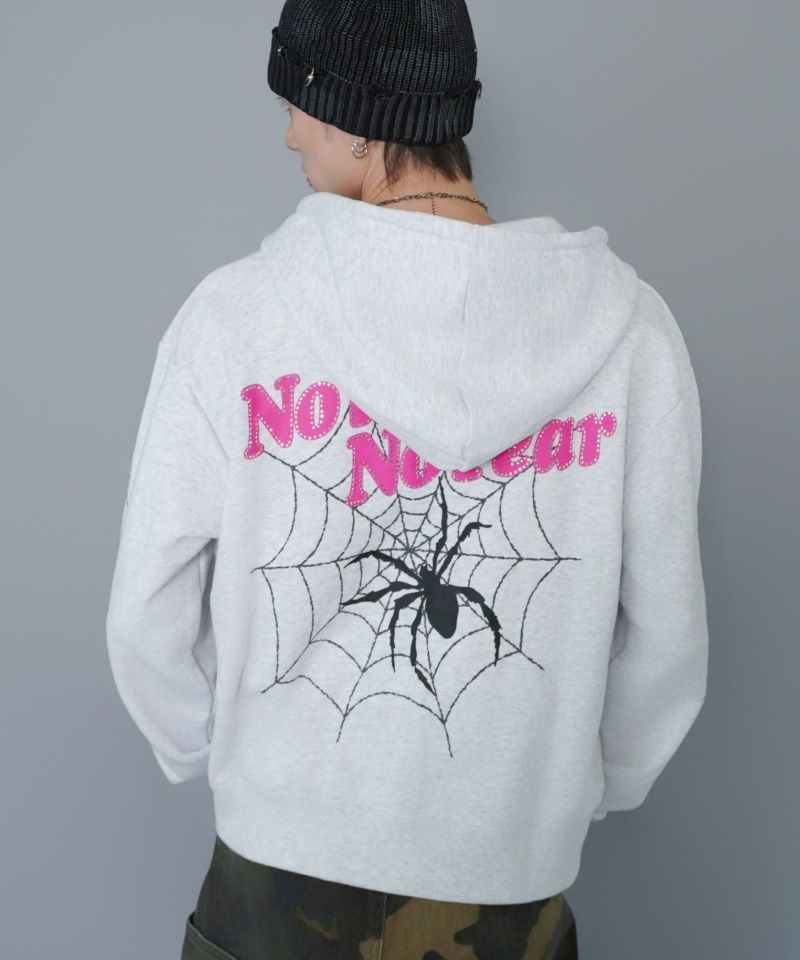 短丈ダブルジップパーカー/ストーンロゴ/バックプリント/スパイダー