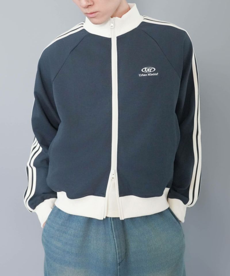 短丈ダブルジップトラックジャケット/ワンポイントロゴ/ジャージ