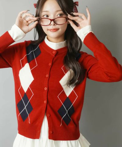 【72%OFF】薄手ニットカーディガン/アーガイル柄