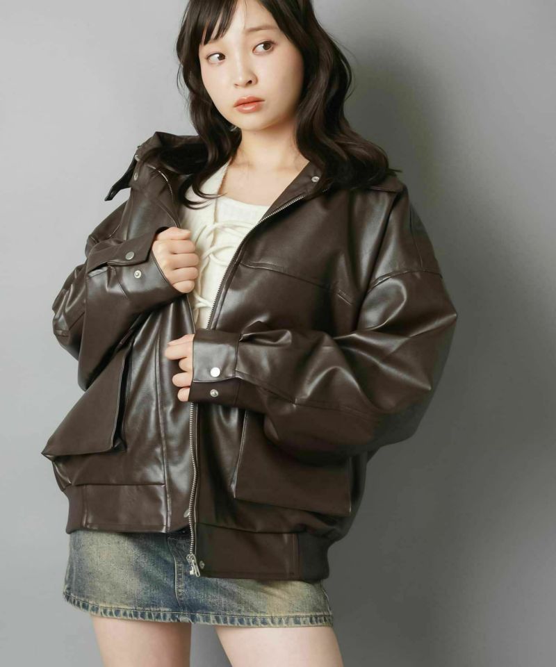 2WAYオーバーサイズ合皮A2ジャケット/フェイクファー取り外し可能/ティ