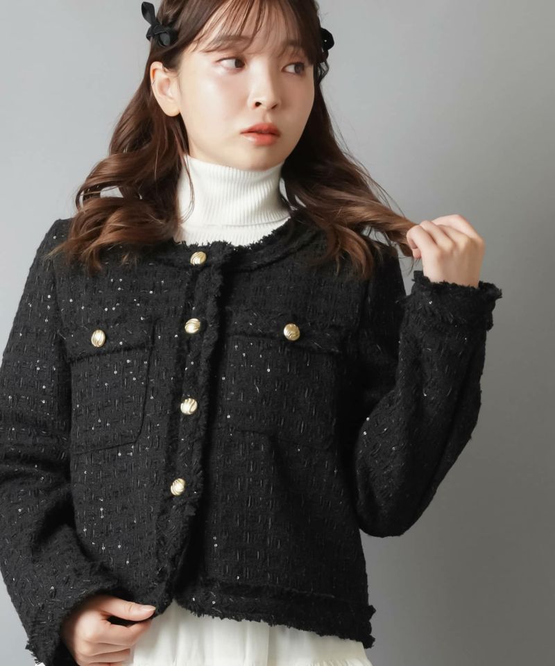 新品】SELFORD ノーカラーツイードジャケット36 パイピングデザイン