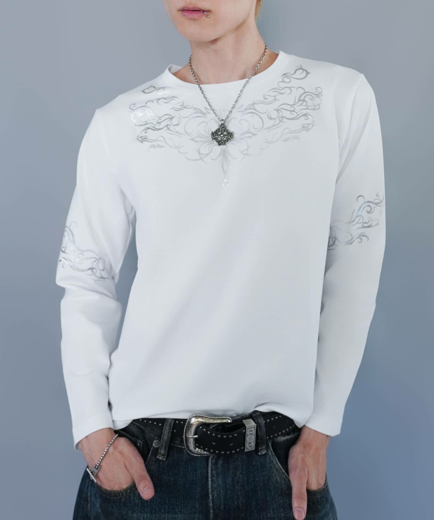 26%OFF】短丈ロングスリーブTシャツ/トライバルデザイン/ロンT