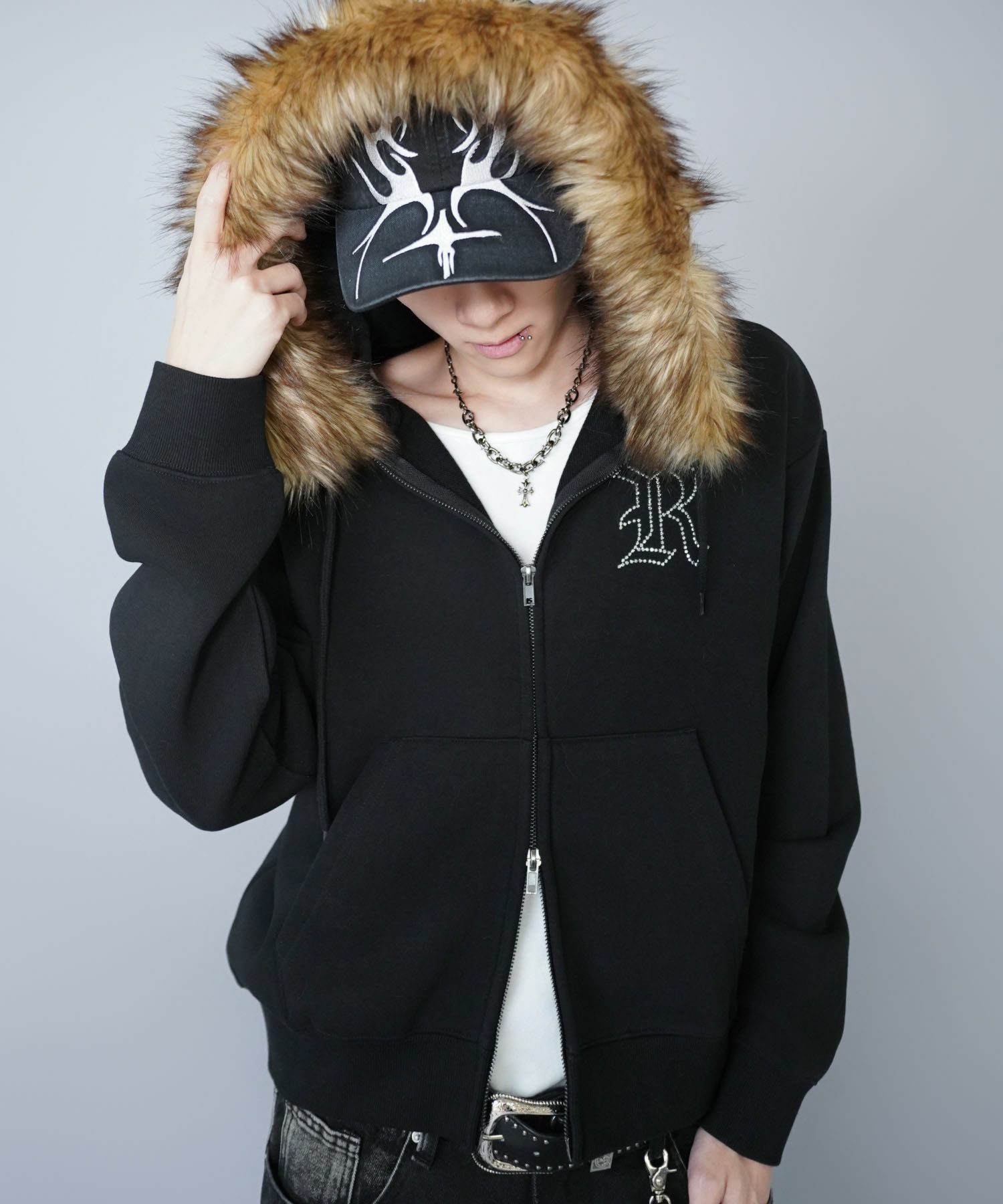 2WAY短丈ダブルジップパーカー/ラインストーン/ワンポイント/フェイク