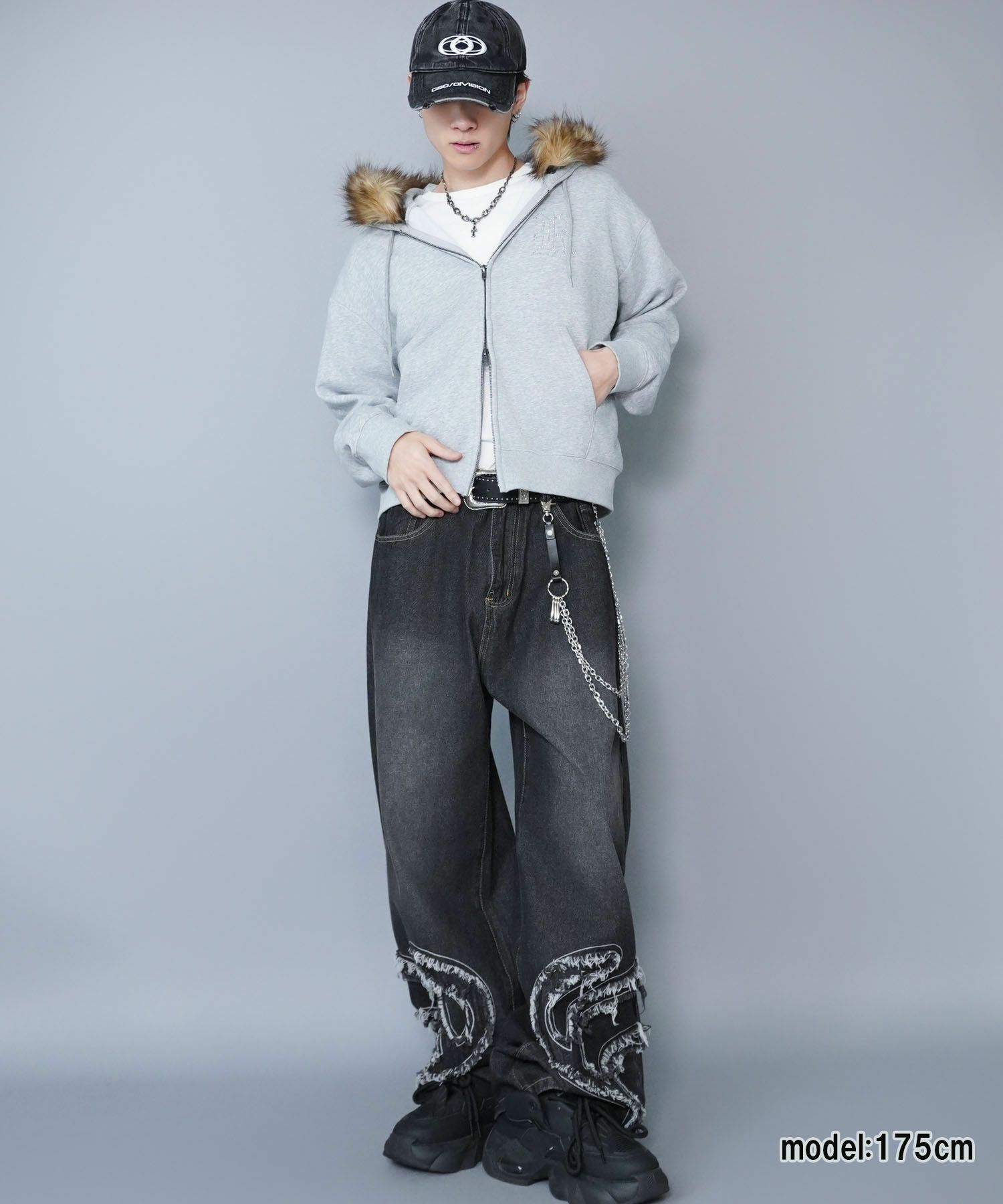 2WAY短丈ダブルジップパーカー/ラインストーン/ワンポイント/フェイク