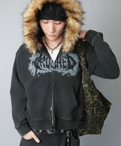 2WAY短丈ダブルジップパーカー/ロゴ/フェイクファー取り外し可能