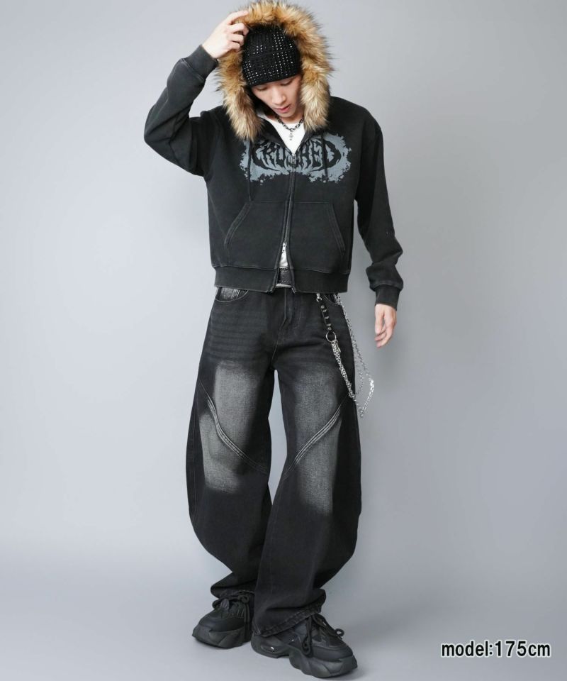 2WAY短丈ダブルジップパーカー/ロゴ/フェイクファー取り外し可能