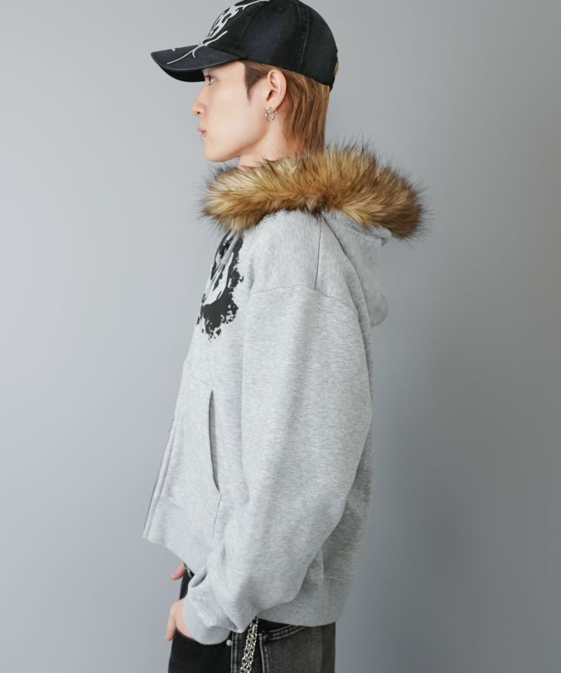 2WAY短丈ダブルジップパーカー/ロゴ/フェイクファー取り外し可能