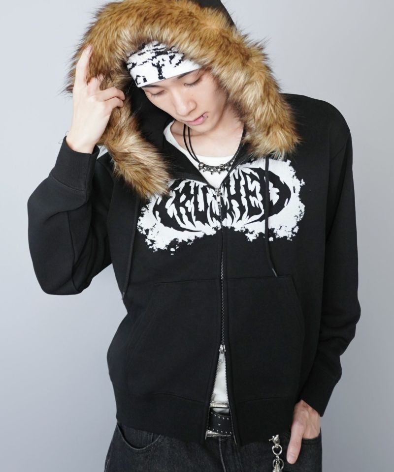 2WAY短丈ダブルジップパーカー/ロゴ/フェイクファー取り外し可能