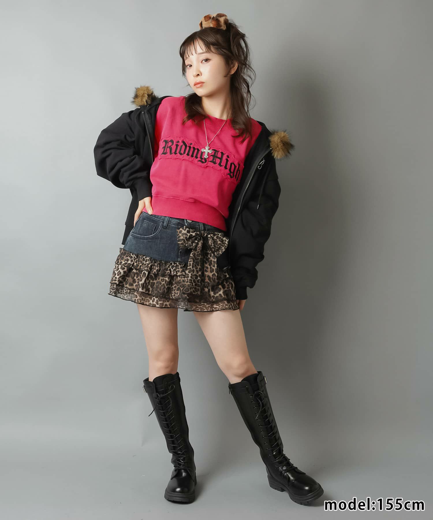 ストレッチデニムミニスカート/ヒョウ柄リボン/レオパード/インナー