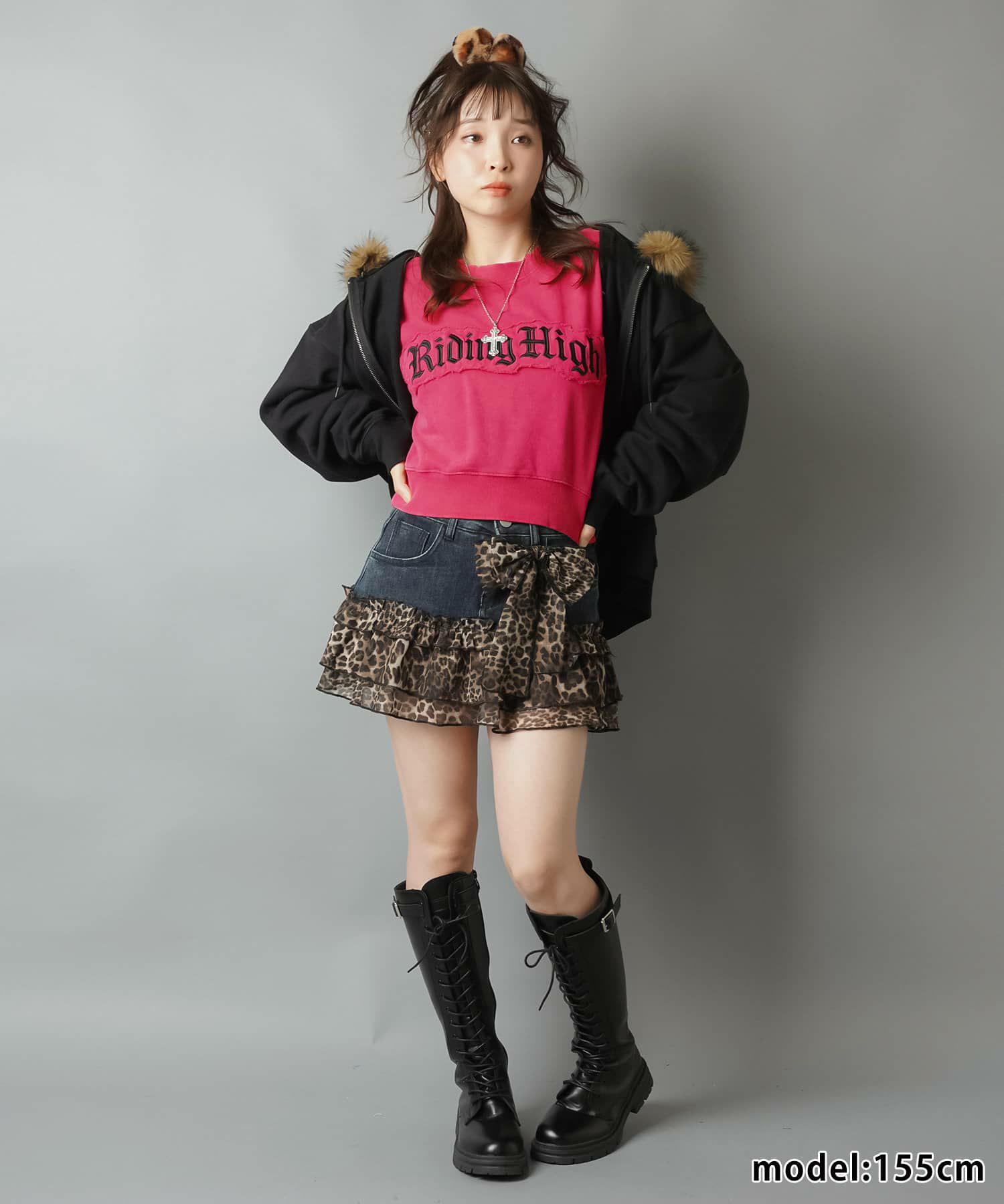 ストレッチデニムミニスカート/ヒョウ柄リボン/レオパード/インナー