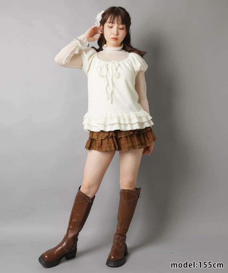 26%OFF】半袖パフスリーブニット+シアーカットソーセット/#ロマンス