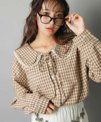 エムズグレイシー　ギンガムチェックxお花柄ブラウス　ブラウン 長袖ブラウス/ギンガムチェック/レース襟/#NEO森ガール | SPINNS WEB