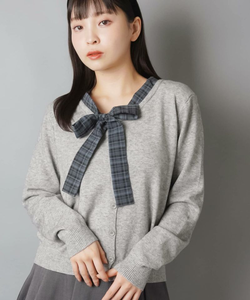 51%OFF】薄手ニットカーディガン/Vネック/チェックリボン | SPINNS WEB