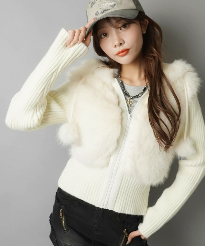 51%OFF】フェイクファージップニットパーカー/ポンポン/タイト/#平成