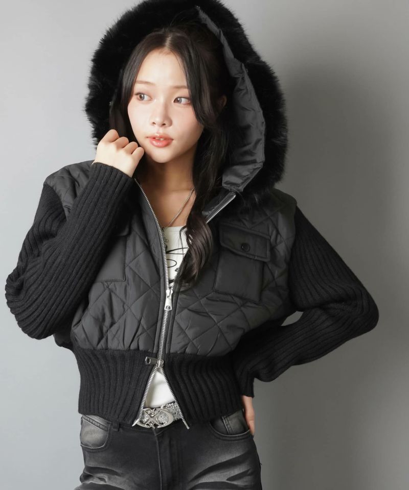 フェイクファーキルティングジャケット/タイト/ダブルジップ/ポケット