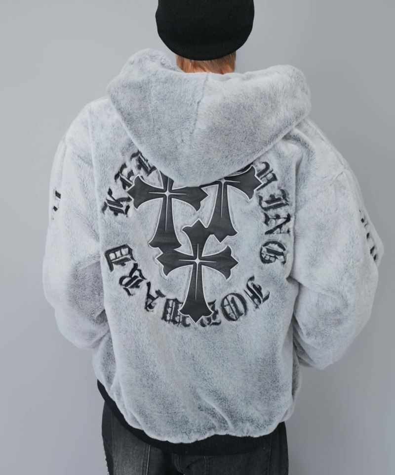フェイクファーブルゾン/フード付き/バックロゴクロス/ユニセックス