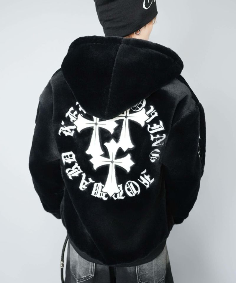 フェイクファーブルゾン/フード付き/バックロゴクロス/ユニセックス