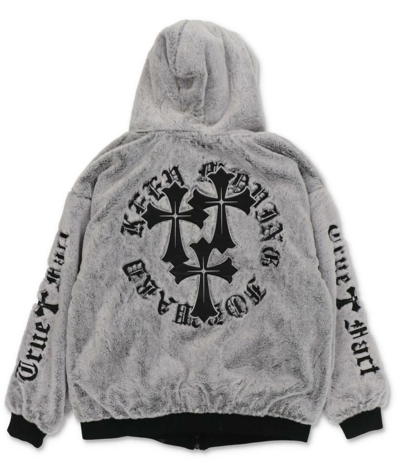 vintage フェザーコート フェイクファーブルゾン/フード付き/バックロゴクロス/ユニセックス