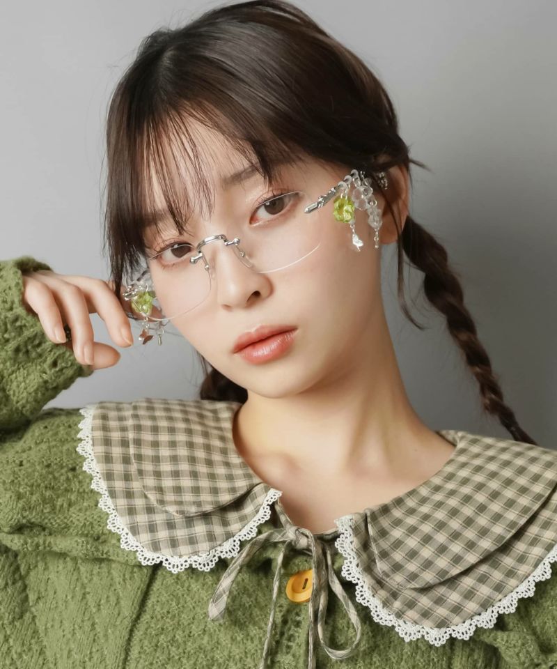 チャーム付きリムレスメガネ/フレームレスメガネ/サイドビーズ